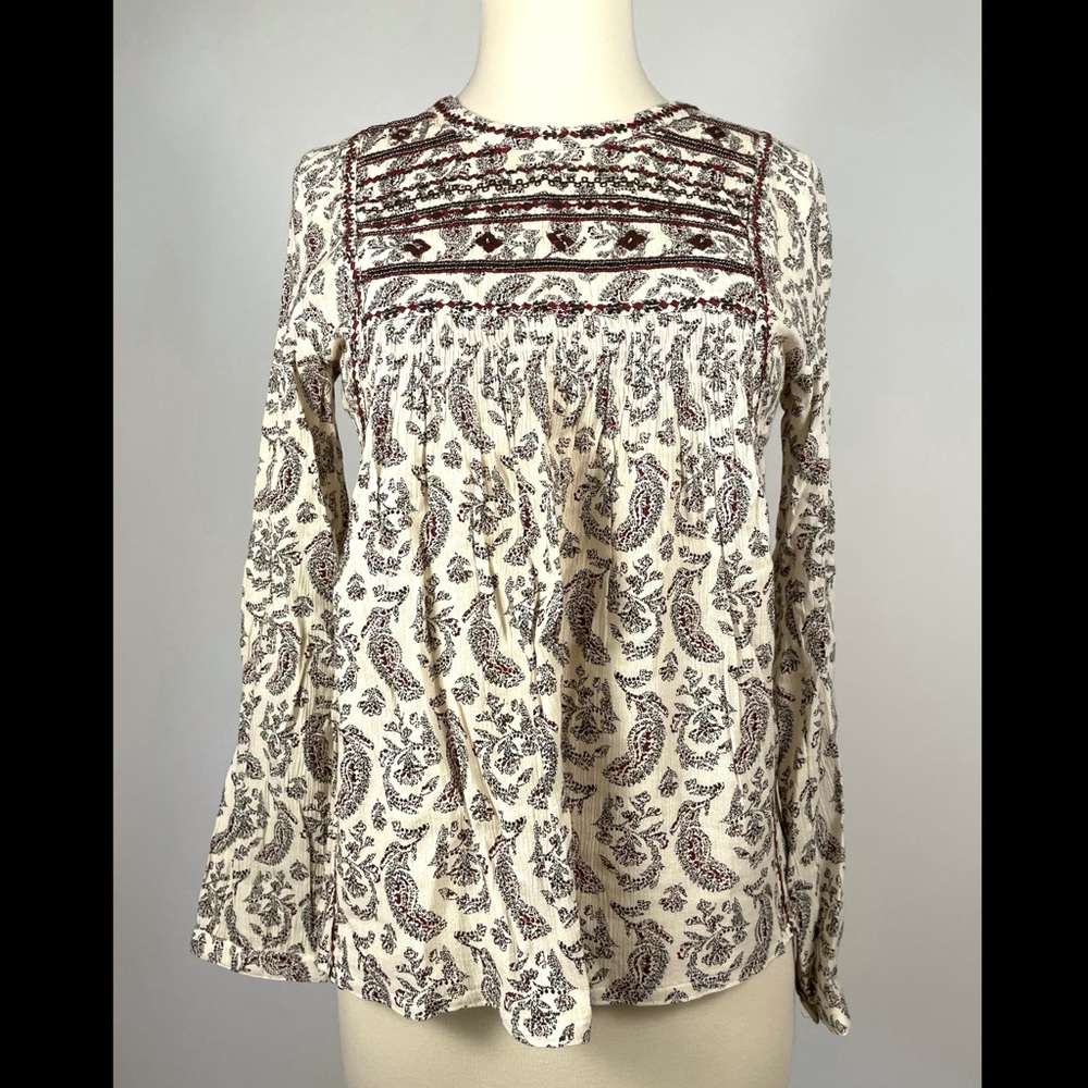 Zara Paisley Embroidered Boho Peasant Top
